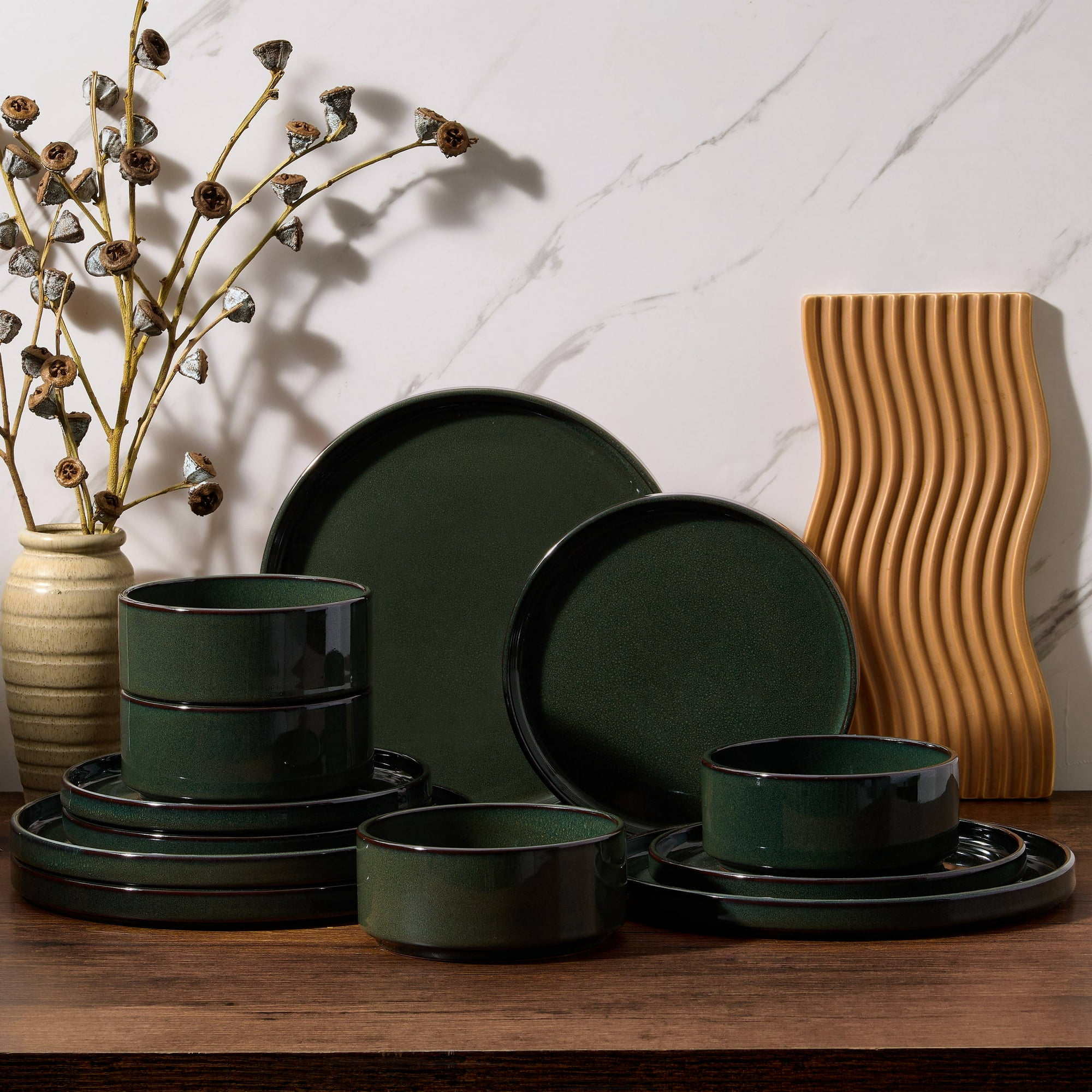Vesteel 12-Piece Dinnerware Set, Ceramic Tableware Reactive Glaze Plates and Bowls Sets, Healthy Yixing Purple Clay Dishes Set, Dishwasher & Microwave Safe - Blackish Green