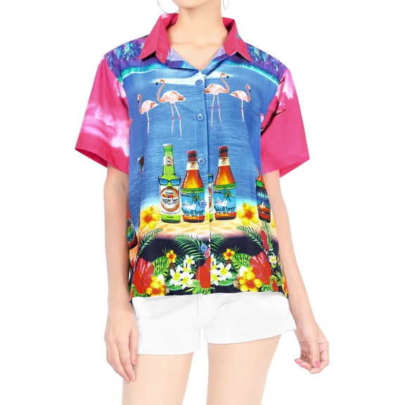 LA LEELA Women's Casual Beach Blouses Shirt Floral Blouse Short Sleeve Button Up Dress Tops Tee Shirts Hawaiian Dresses for Women S Bottles, Autumn Pink