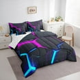 thumbnail image 3 of jejeloiu Neon Geometric Honeycomb 7pcs Bedding Comforter Set,Modern Abstract Art Queen Bedding Sets,Purple Blue Black Queen Sheet Sets For Boys,Super Cozy Room Decor Reversible, 3 of 8