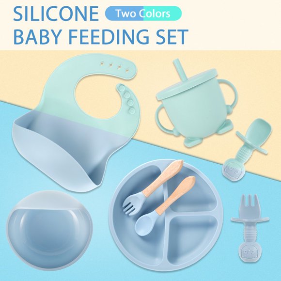 YOPTOP 8Pcs Silicone Baby Feeding Set Soft Baby Weaning Supplies Cute Self Feeding Eating Utensils Set Dishwasher Safe for Baby Green,green