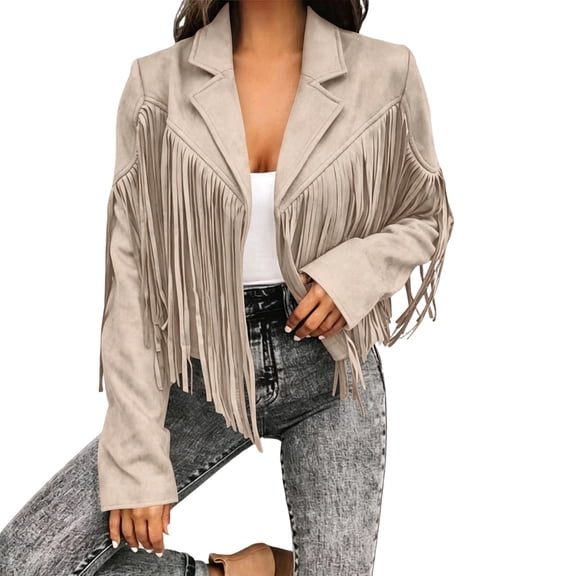 Kilaqueen Women's Western Fringe Jacket, Faux Suede Long Sleeve Moto Coat with Lapel Collar and Tassel Trim, Vintage Cowgirl Outerwear for Concert Outfits