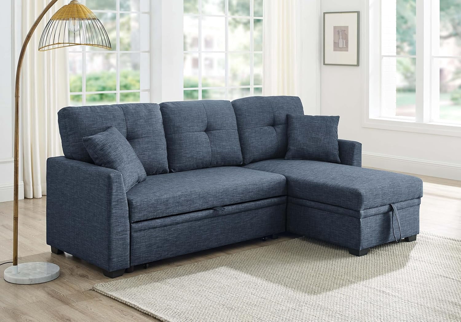 Convertible Sleeper Sofa Bed, 76.5" L Shaped Sectional Couch Pull Out Bed Reversible Storage Chaise Compact Linen Sofa Small Space Apartment Living Room,Dark Blue
