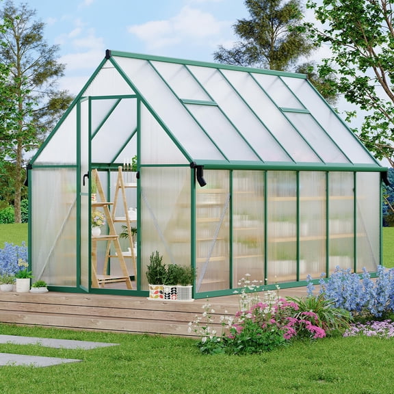 8X12FT Aluminum-Framed Polycarbonate Greenhouse, Quick Setup Structure and Roof Vent, Large Enhanced Aluminum Greenhouses Kit for Outdoors,Green