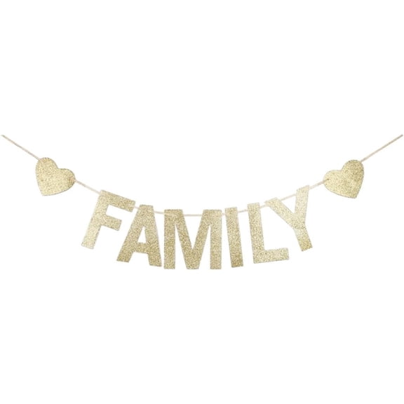 Gold Glitter Family Banner with Heart Cutouts, Family Reunion Thanksgiving Holiday Party Wall Decorations