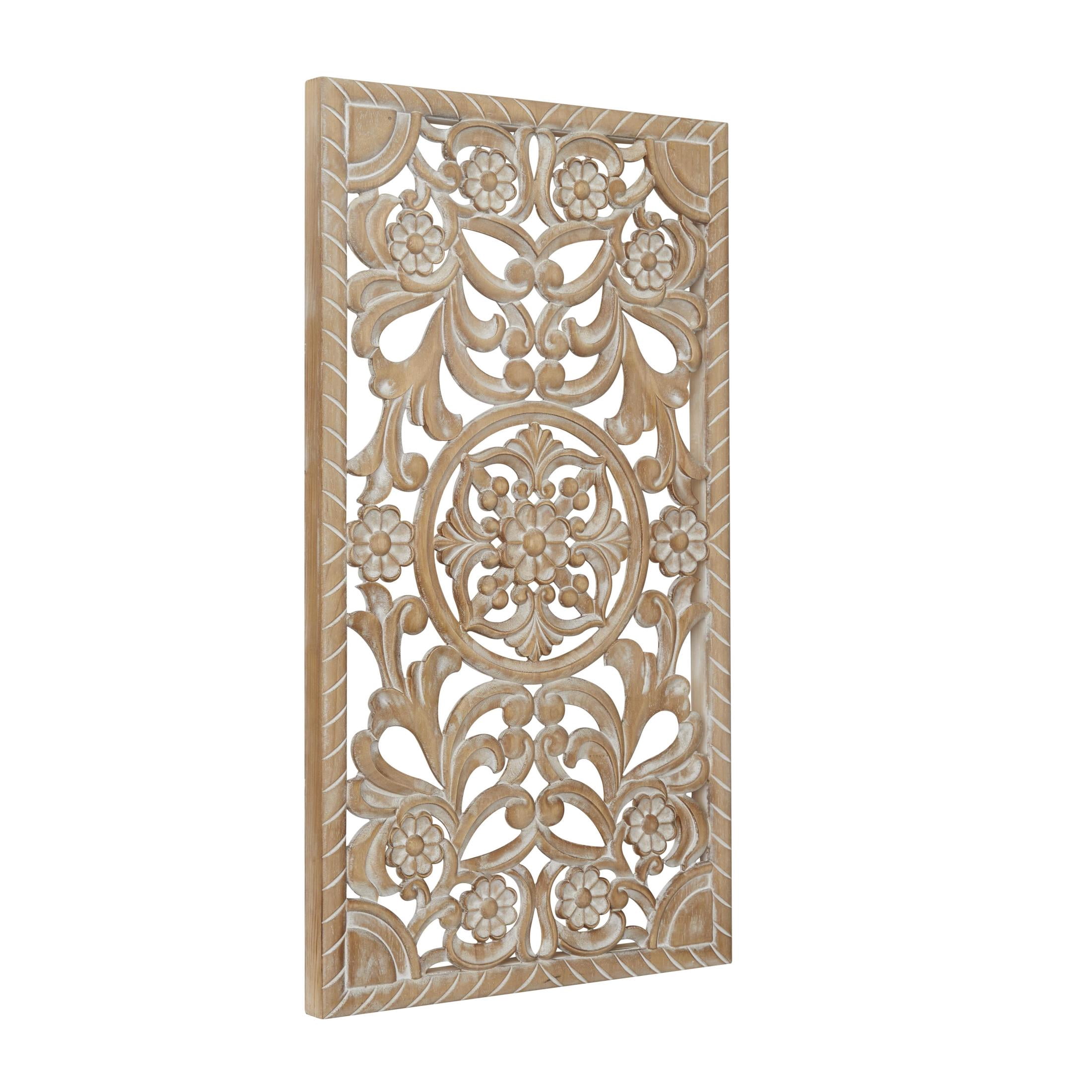 DecMode Brown Wood Handmade Intricately Carved Floral Wall Decor