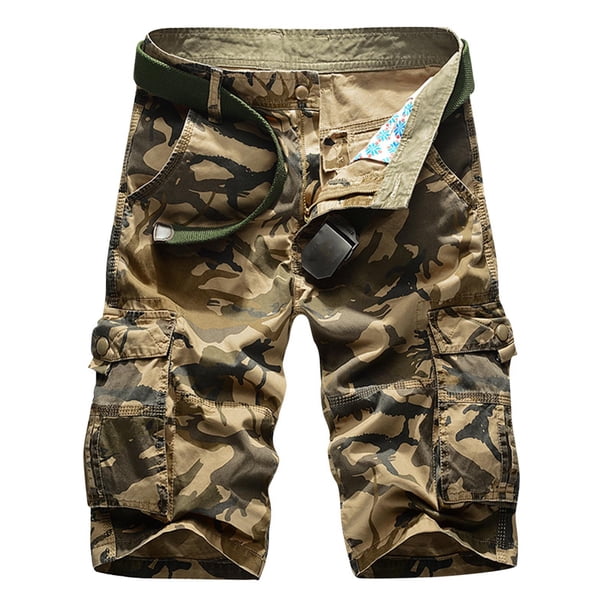 Mens Casual Pantalones Cortos de Cintura Elástica Botón de Bolsillo Múltiple Y Cierre de Cremallera, Pantalones Cortos de Cintura Elástica para Hombres Al Aire Libre Y Salón