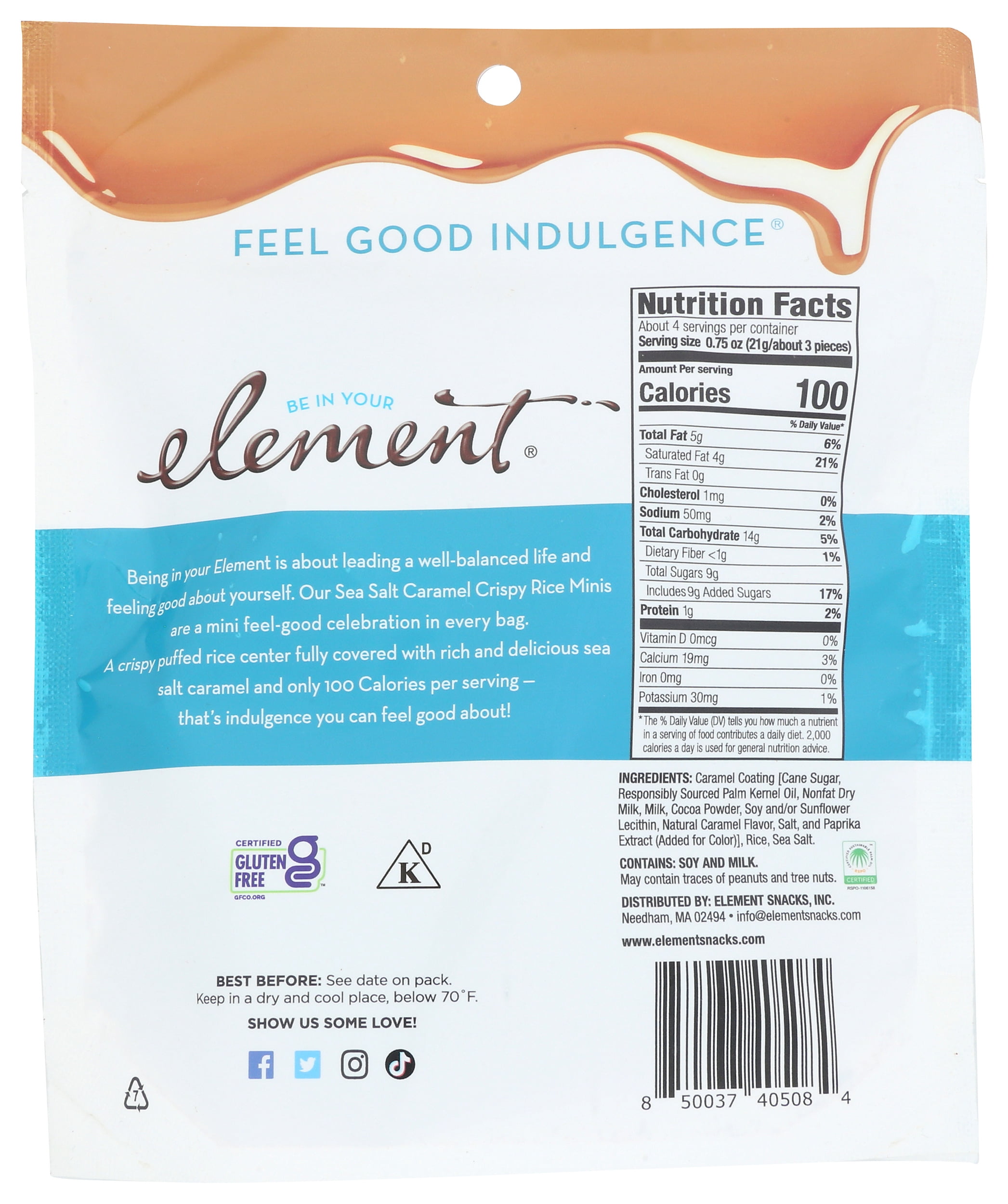 Pack of 8, Element Snacks Sea Salt Caramel Crispy Rice Minis, 3 oz