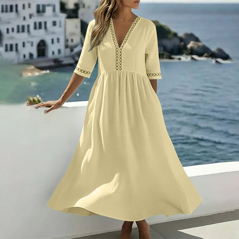 loose fit lace dress Fesfesfes Spring Summer V-Neck Lace Dress, Women's Short Sleeve Solid Color Casual Dress, Elegant Loose Fit Lace Spliced Dress, Lightweight Daily Work