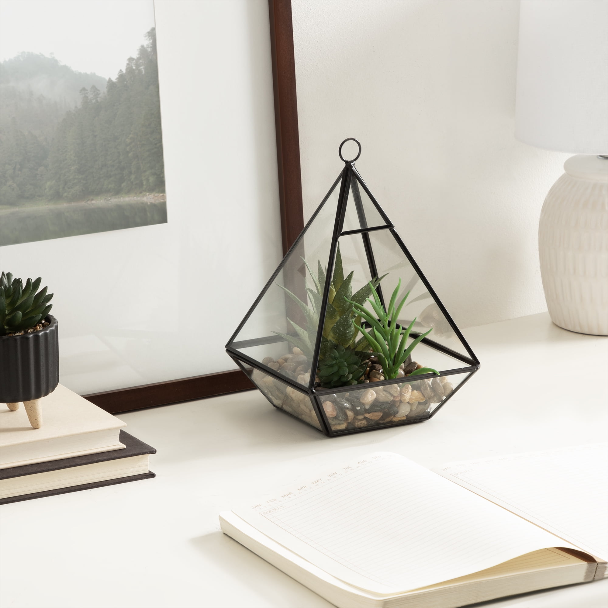 DesignOvation Terrarium de table en verre de 22,8 cm de haut avec trio de succulentes artificielles