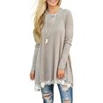 thumbnail image 2 of Andaa Mujer Cuello Redondo Manga Larga Encaje Empalme Swing Camisa Vestidos Túnica Larga Blusas Camisas para Leggings Caqui, 2 of 2