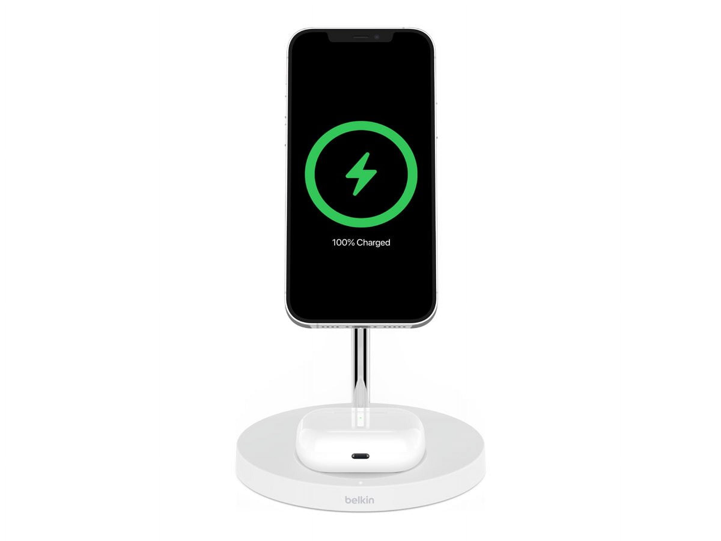 Open Box Belkin BoostCharge Pro MagSafe 2-in-1 - Wireless charging stand + AC power adapter - 15 Watt - Fast Charge - white - for Apple AirPods; AirPods Pro; iPhone 12, 12 mini, 12 Pro, 12 Pro Max