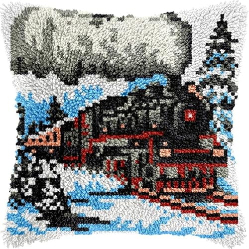 Old Steam Train Latch Hook Kits Pillow DIY Rug Crochet Hook Cushion Making Kits Printed Pattern Canvas Pillowcase Hooking Kits Pillow Cover Crochet Kits 43x43cm(fs32)
