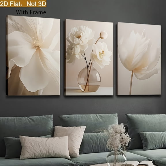 2D Flat, 3pcs 2D/Flat print Framed canvas painting and poster, Ready to Hanging, Beige pure flowers, Modern Aesthetic Flower Home Decor, Wall Art, Room Decor, Home Mural, 2D Printing, Ideal Gift