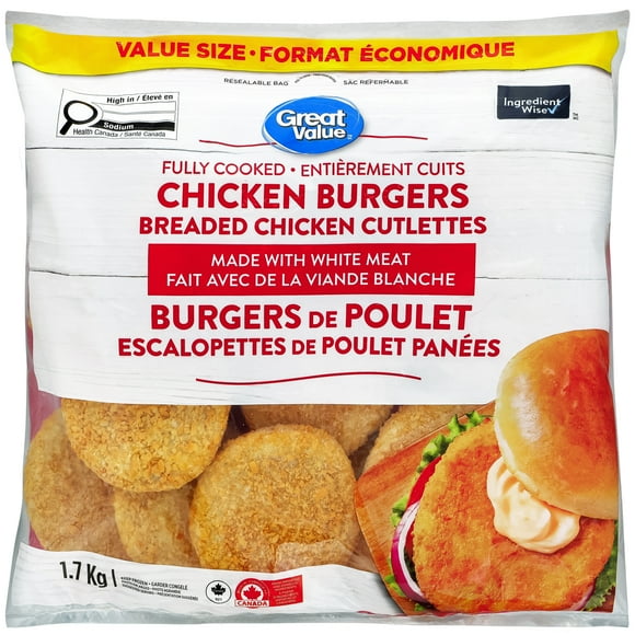 Great Value Fully Cooked Breaded Chicken Burgers, 1.7 kg