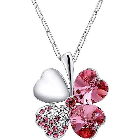 Merdia Women's Rose-red Four Leaf Clover Heart-Shape Crystal Necklace (16'   5' Extender)