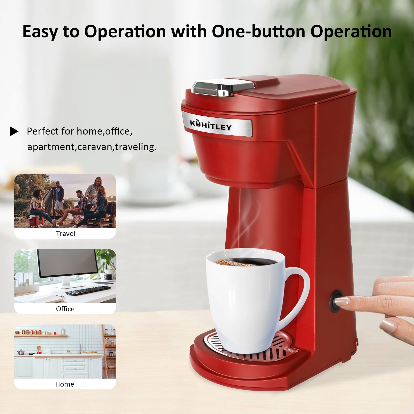 2 in 1 Single Serve Coffee Maker for K Cup Pods & Ground Coffee, Mini K Cup Coffee Machine with 6 to 14 oz Brew Sizes, Single Cup Coffee Brewer with One-Press Fast Brewing, Reusable Filters,Red