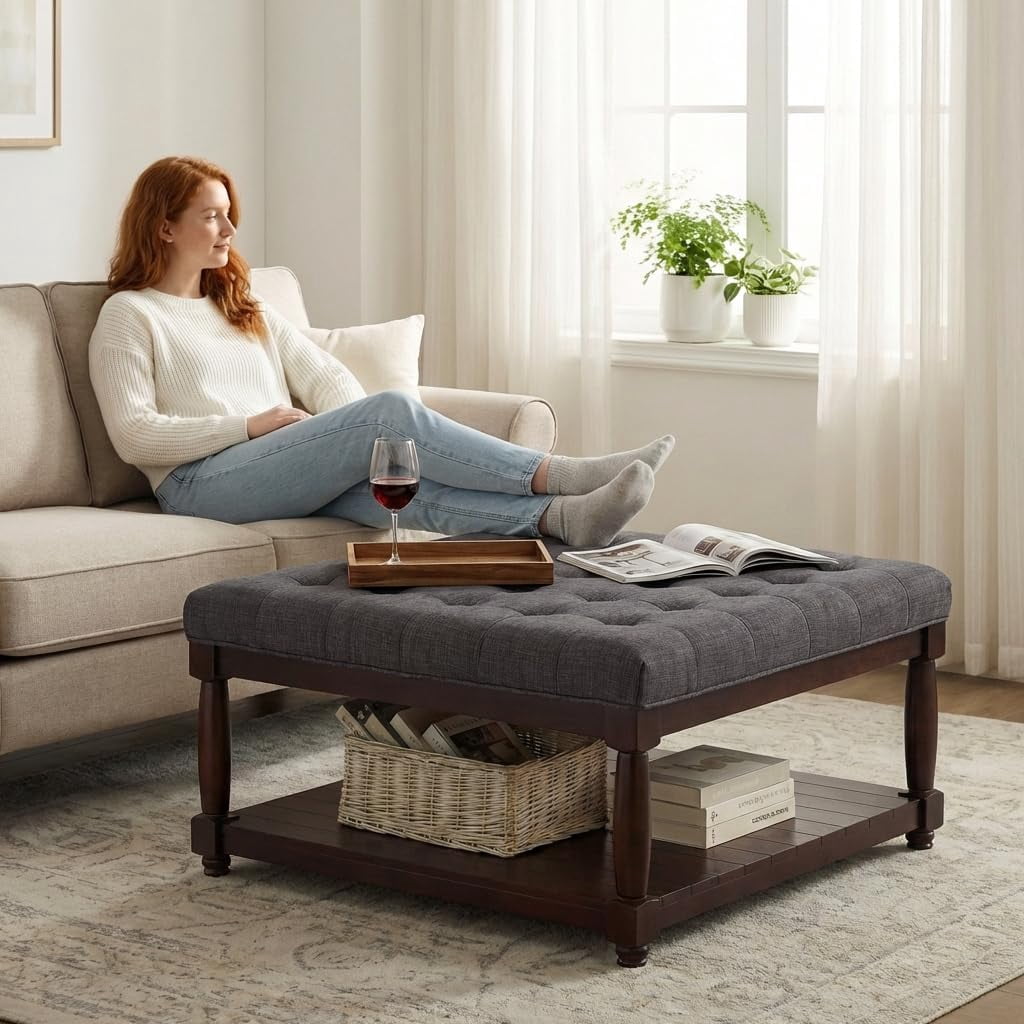 ODUWA Coffee Table Ottoman with Storage Shelf, Tufted Upholstered Footrest Stool, Solid Wood Base Accent Table for Living Room
