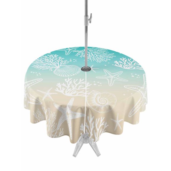 Outdoor Tablecloth with Umbrella Hole for Patio/Picnic/Party/Camping, Teal Beige Ombre Coastal Waterproof Table Cloth Round Cover Washable, Nautical Beach Starfish Coral Summer (Dia 60")