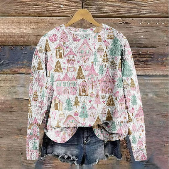 Sakmal Christmas Sweaters for Women 2025 Cotton Pullover Cute Pink Tops Graphic Loose Crew Neck Sweaters for Women