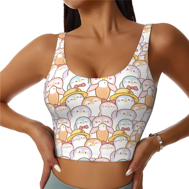 Fotbe Cute Cartoon Penguin Sujetador Deportivo Largo sin Aros para Mujer con Almohadillas y Soporte Medio, Transpirable y Absorbente, Camiseta Tipo Chaleco o Tank Top-Medium