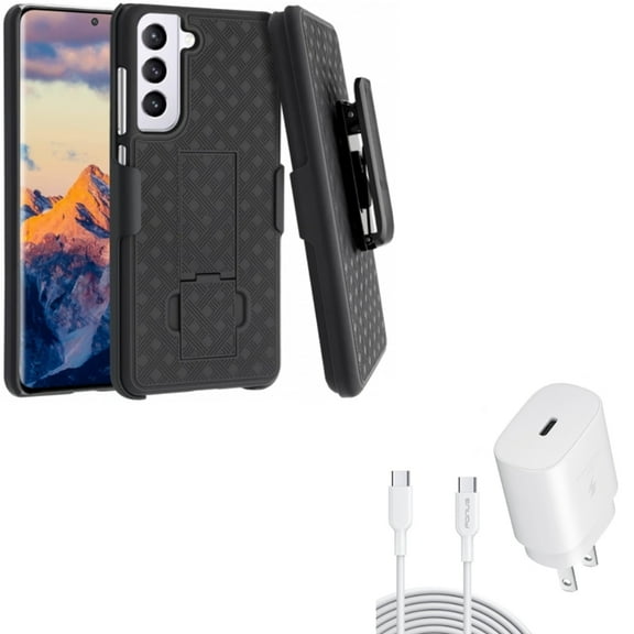 6ft USB-C Cable PD Type-C 25W Fast Home Charger w Swivel Holster Case Belt Clip for Samsung Galaxy S21 FE 5G