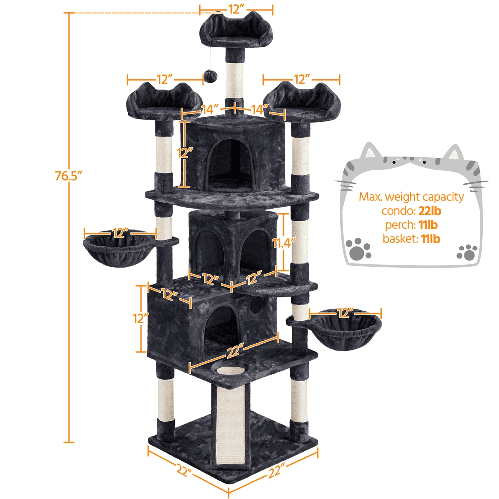 Alden Design 76.5" H Large Cat Tree Tower with 3 Condos Cozy Perches Dangling Ball, Black