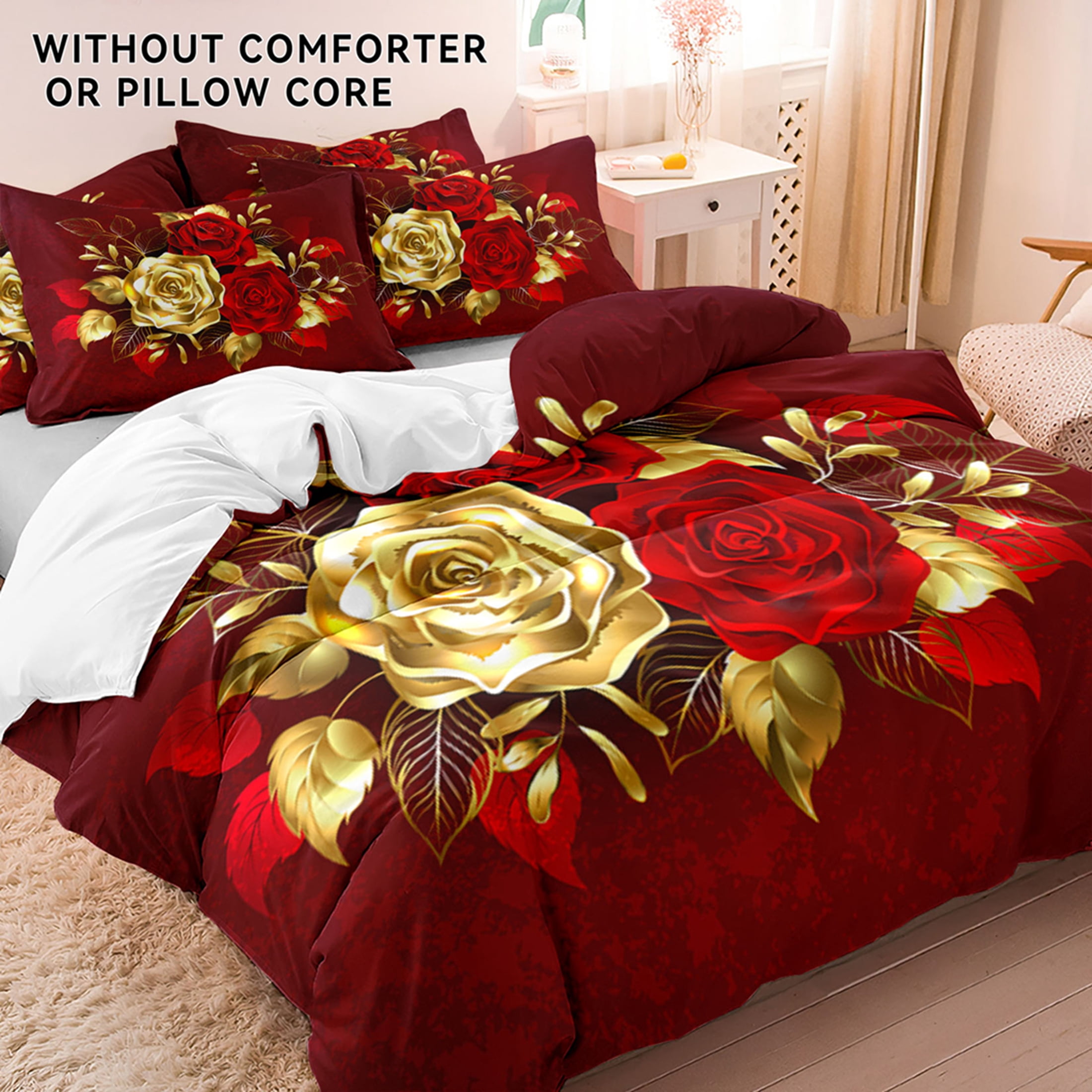 Orylavena 3D Gold Red Rose Microfiber Duvet Cover Set, White Back, Twin