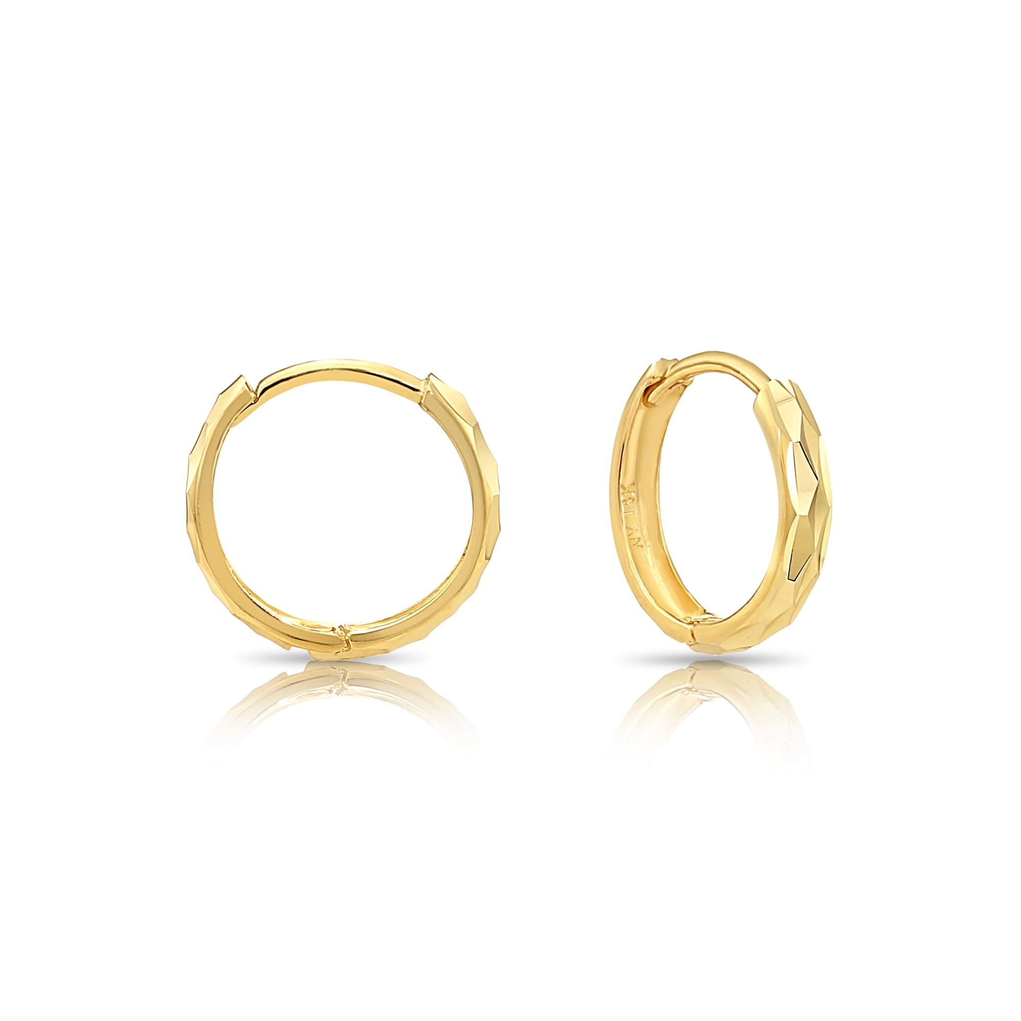 Tilo Jewelry 14K Yellow Gold Round Huggie Hoop Earrings with Diamond-Cut Engraving | 12mm Small | Dainty Everyday Earrings for Women, Men, Unisex