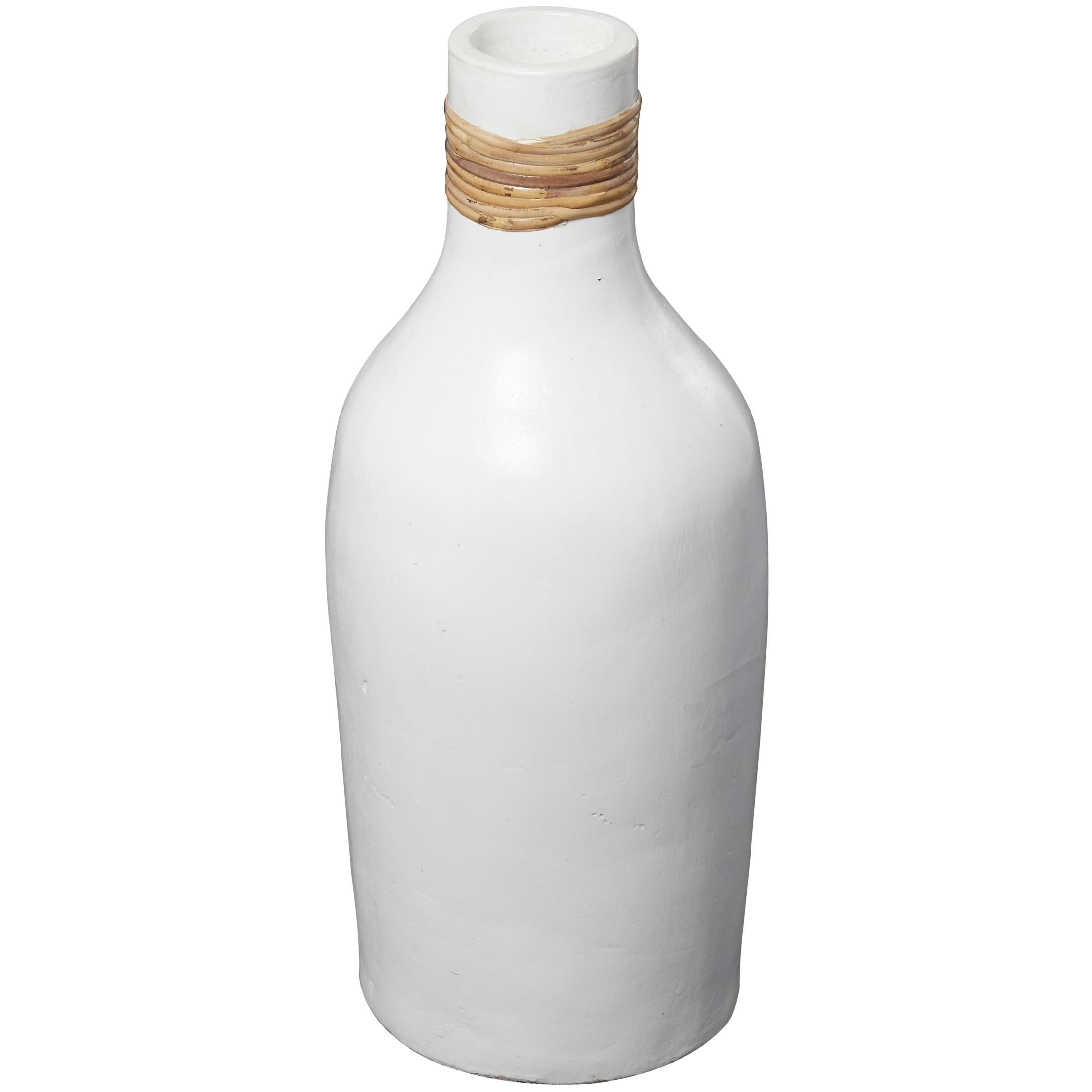 DecMode 20" White Ceramic Vase with Wrapped Rattan Details