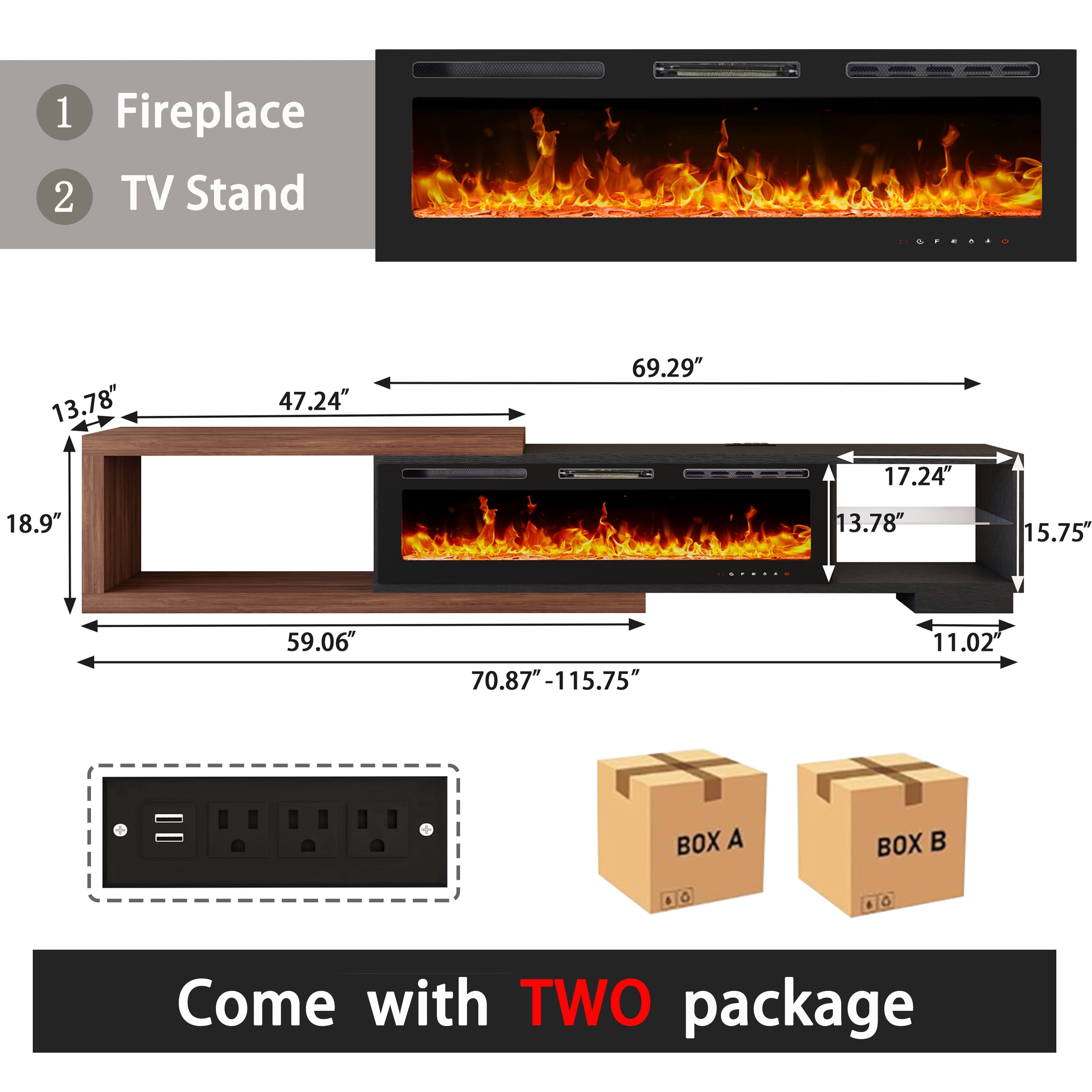 JassmiPkwy 116" Living Room Telescopic TV Stand with 50-inch LED Flame Electric Fireplace, Shelving Storage Cabinet, and Entertainment Center with LED Lighting and Charging Station, Black