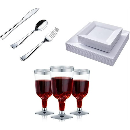 

200pcs Plastic Silverware Set + 60 Pack White Square Plastic Plates + 30 Pack Plastic Wine Glasses with Silver Rim