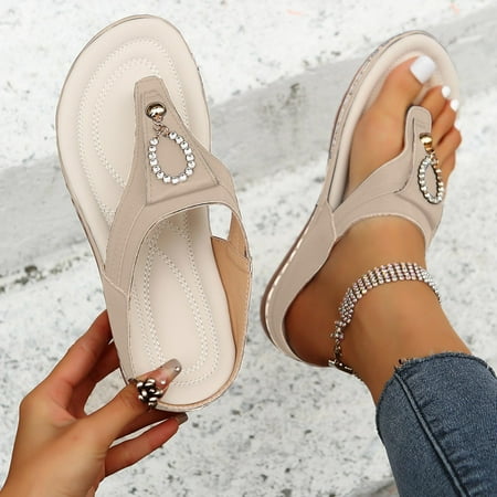 

Binmer Thong Toe Rhinestone Slippers Women s Round Head Outer Wear Solid Color Low-Heeled Flip-Flops