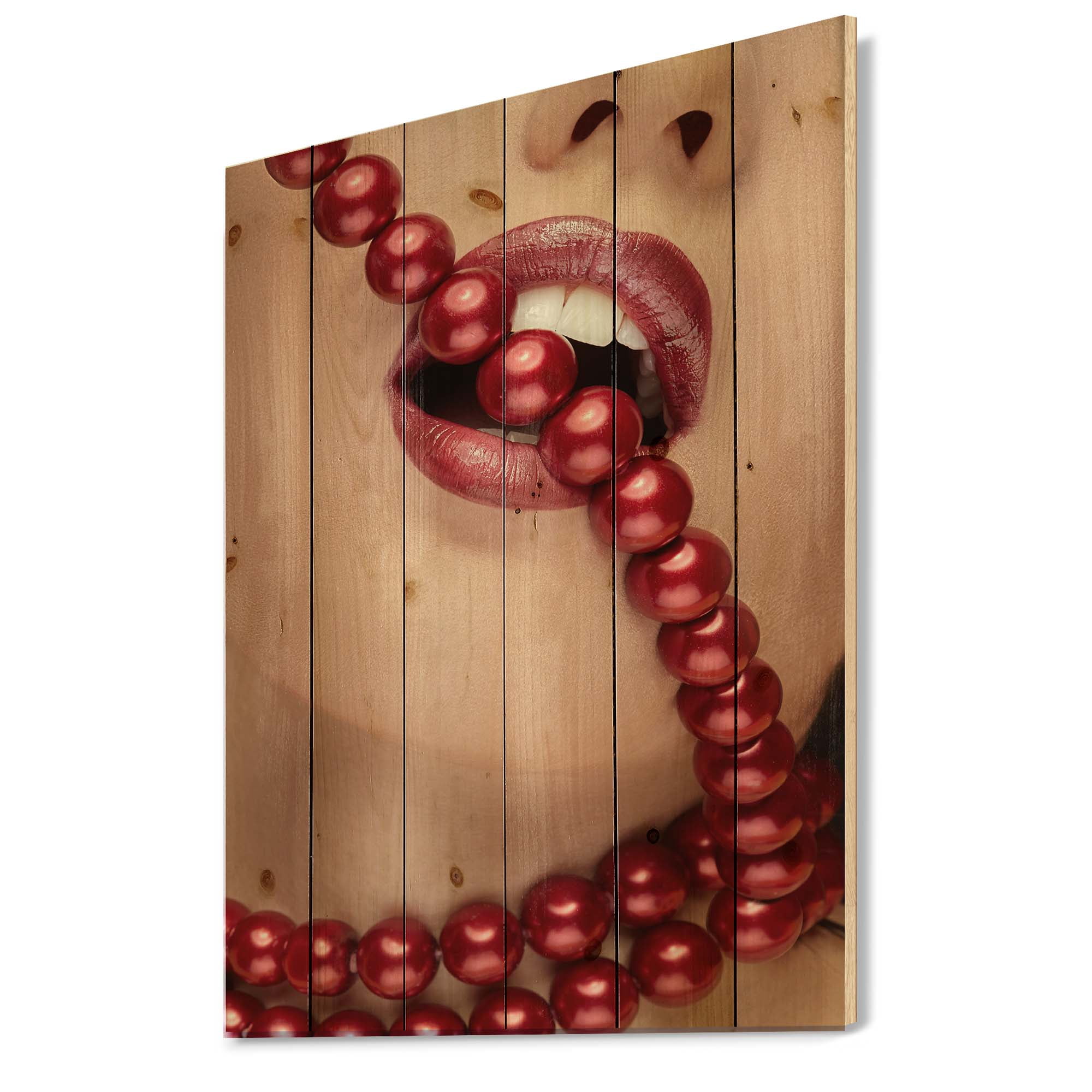 Designart 'Girl Mouth With Red Lipstick Biting Red Pearls' Modern Print on Natural Pine Wood