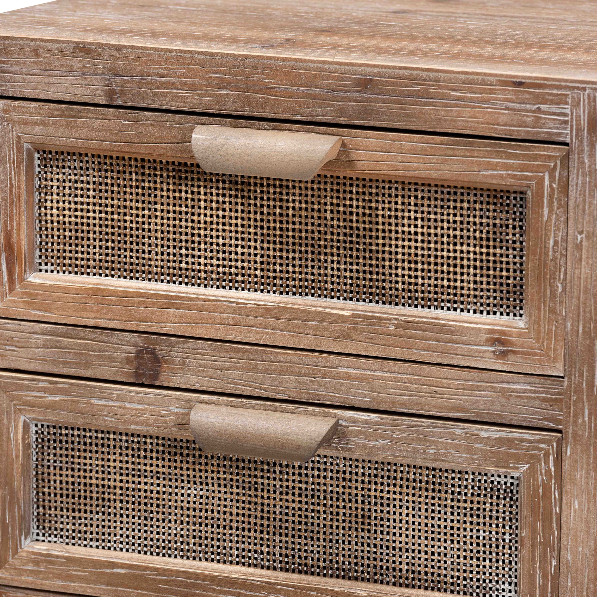 Baxton Studio Calida Mid-Century Modern Whitewashed Natural Brown Finished Wood and Rattan 2-Drawer End Table
