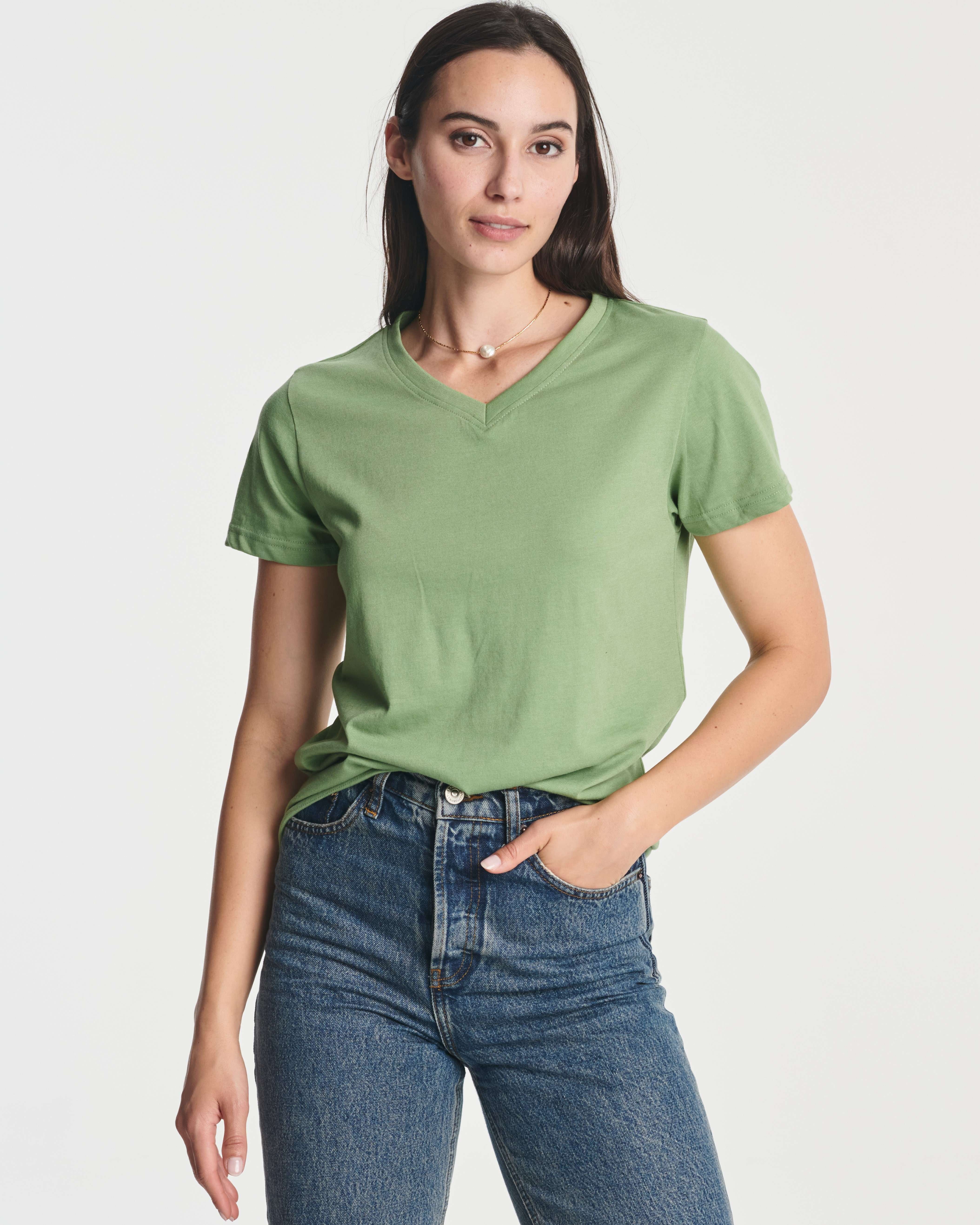 Real Essentials 4 Pack: Women's Classic-Fit Cotton Short-Sleeve V-Neck T-Shirt (Available in Plus Size)