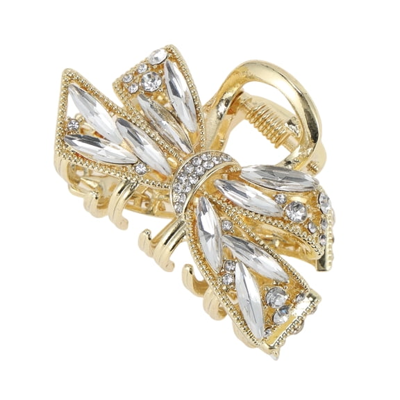 Unique Bargains 1 Pc Claw Clip Faux Crystal Bow Hair Clips Gold Tone