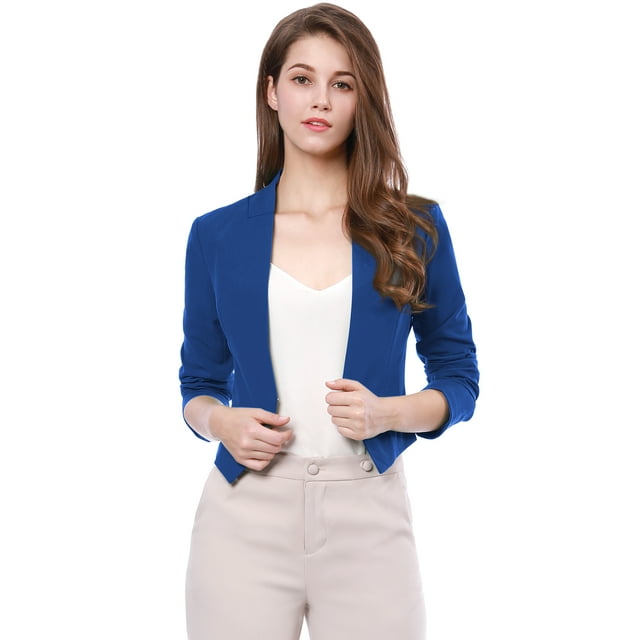 Chaqueta Corta Casual De Negocios Allegra K Sin Cuello Para Mujer Azul S