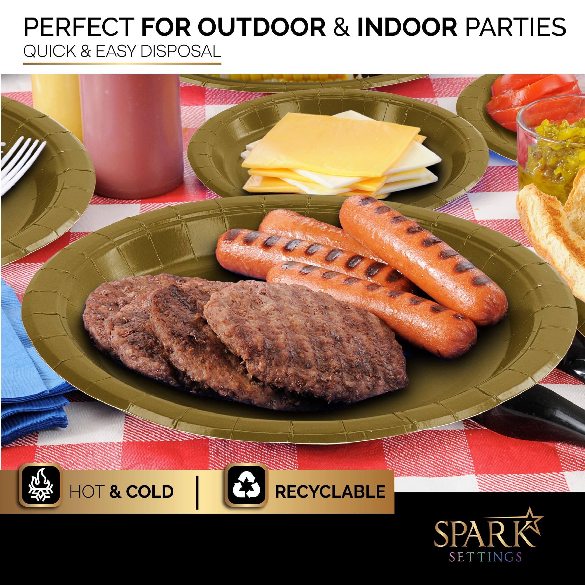Gold Party Supplies Set Paper Plates Plastic Cups Forks Knives Spoons Napkins Tablecloth Serves 20 Guests Disposable Dinnerware Set of 222 Pieces, Complete Tableware for Party - By SparkSettings