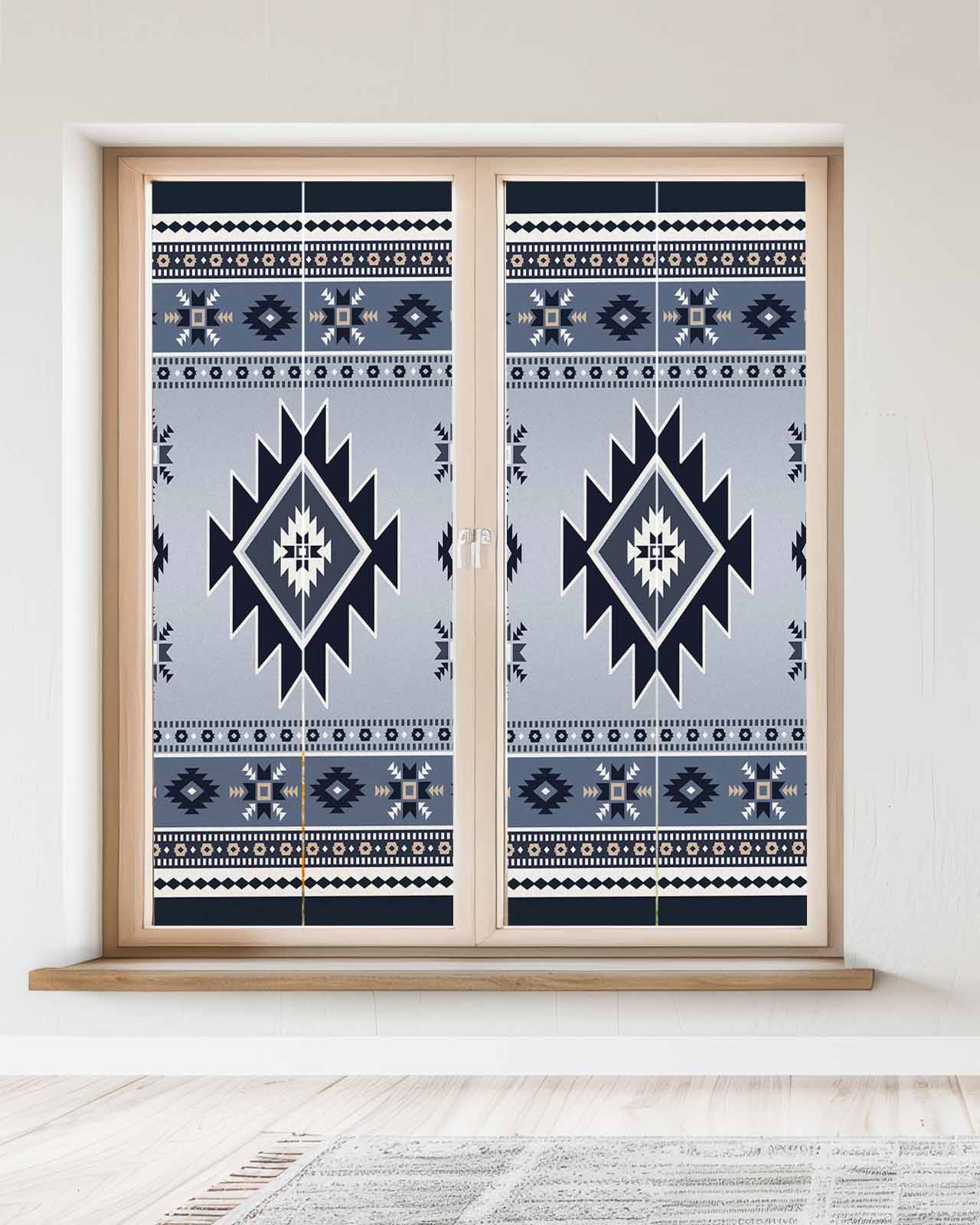 Window Privacy Film Blue Aztec Stained Glass Window Film Decorative Sun Block Window Cover Boho Southwest Farmhouse Ethnic Motifs Window Clings Static Adhesive Sticker for Bathroom 23.6"x59"