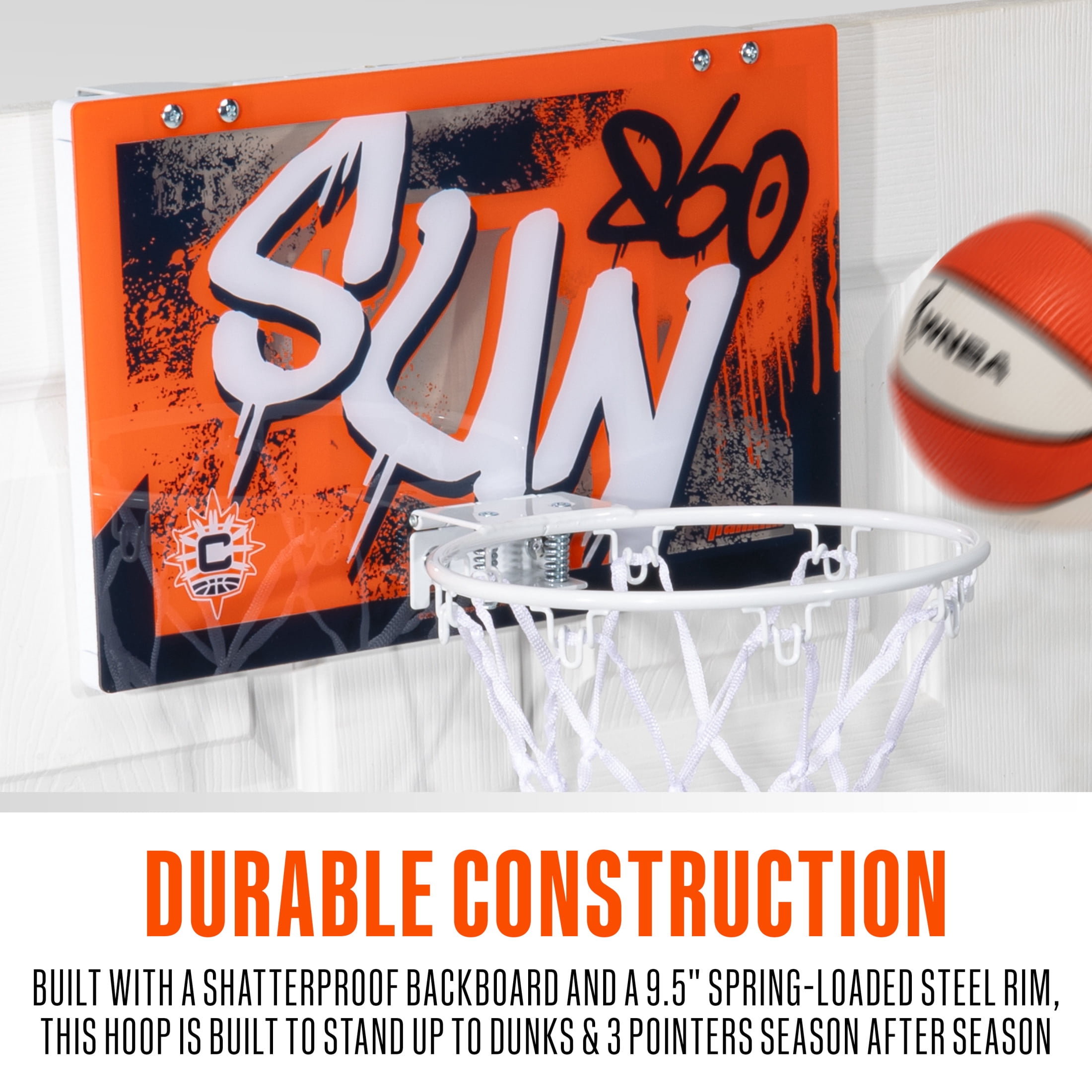 Franklin Sports WNBA Connecticut Sun Over the Door Basketball Hoop - Kids Indoor Basketball Hoop with Mini Ball - WNBA Fan Shop Mini Hoop for Bedroom + Office