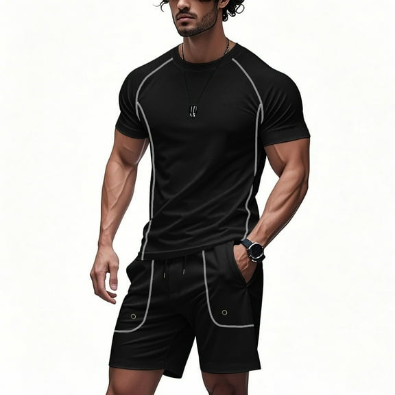 SUETCH Men Summer Outfits,Mens Short Sets 2 Piece Outfits Summer Lounge Fashion Round-Neck Sports T-Shirt and Shorts Moisture Wicking Quick Dry Sets,Mens Outfits 2 Piece,Black,L
