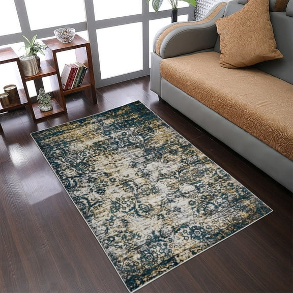 RUGSOTIC CARPETS MACHINE MADE HEATSET POLYPROPYLENE AREA RUGS - 6'x9', Rectangle Shape, Beige Blue Color, Floral Modern Design, High Pile Machine Made Area Rugs for Living Room, Bed Room (M00006)