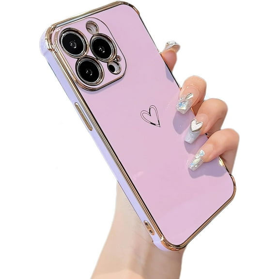 for iPhone 14 Pro Case 6.1 inch,Cute Plating Edge Love Hearts Pattern with Camera Lens Protection Phone Cover for Girls Women,Purple
