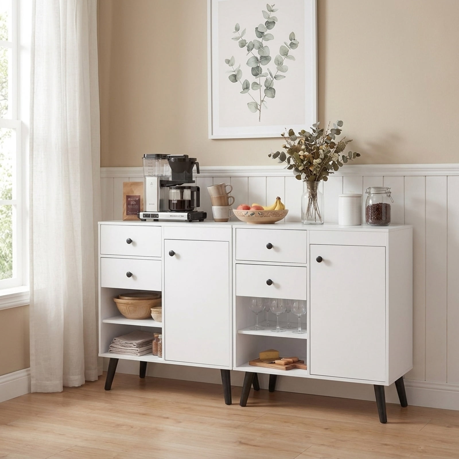 Furnibear 31" Sideboard Cabinet with 2 Open Compartments and 2 Drawers for Kitchen Dining Living Room Buffet Storage Server, White