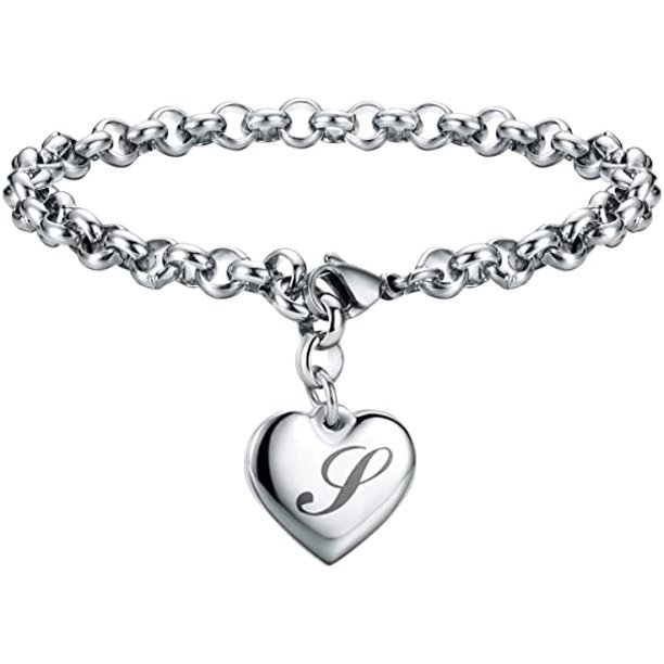 Corazón de acero inoxidable 26 letras alfabeto pulsera para mujer, regalos de San Valentín oso de fresa Joyería