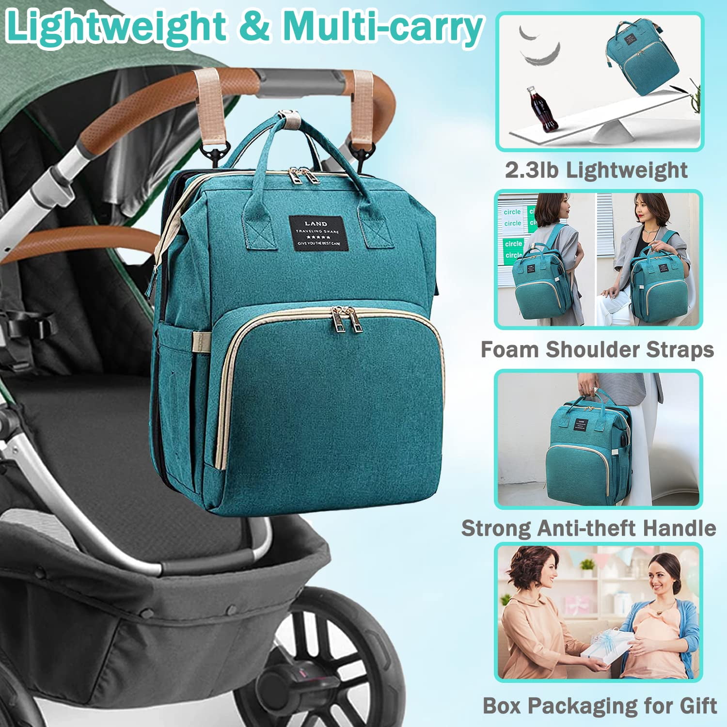 DIAPER BAG BACKPACK CHANGING STATION COMBO. PORTABLE 4 IN 1 TRAVEL BAG WITH  NET