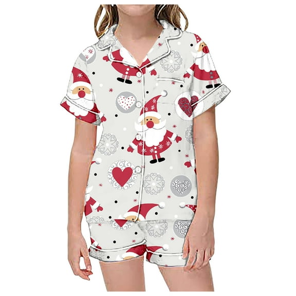 CAIVO Girls Polka Dots Printed 2 Piece Pajama Sets Lapel Short Sleeve Button Down Shirt With Shorts Children Kids Homewear Nightwear