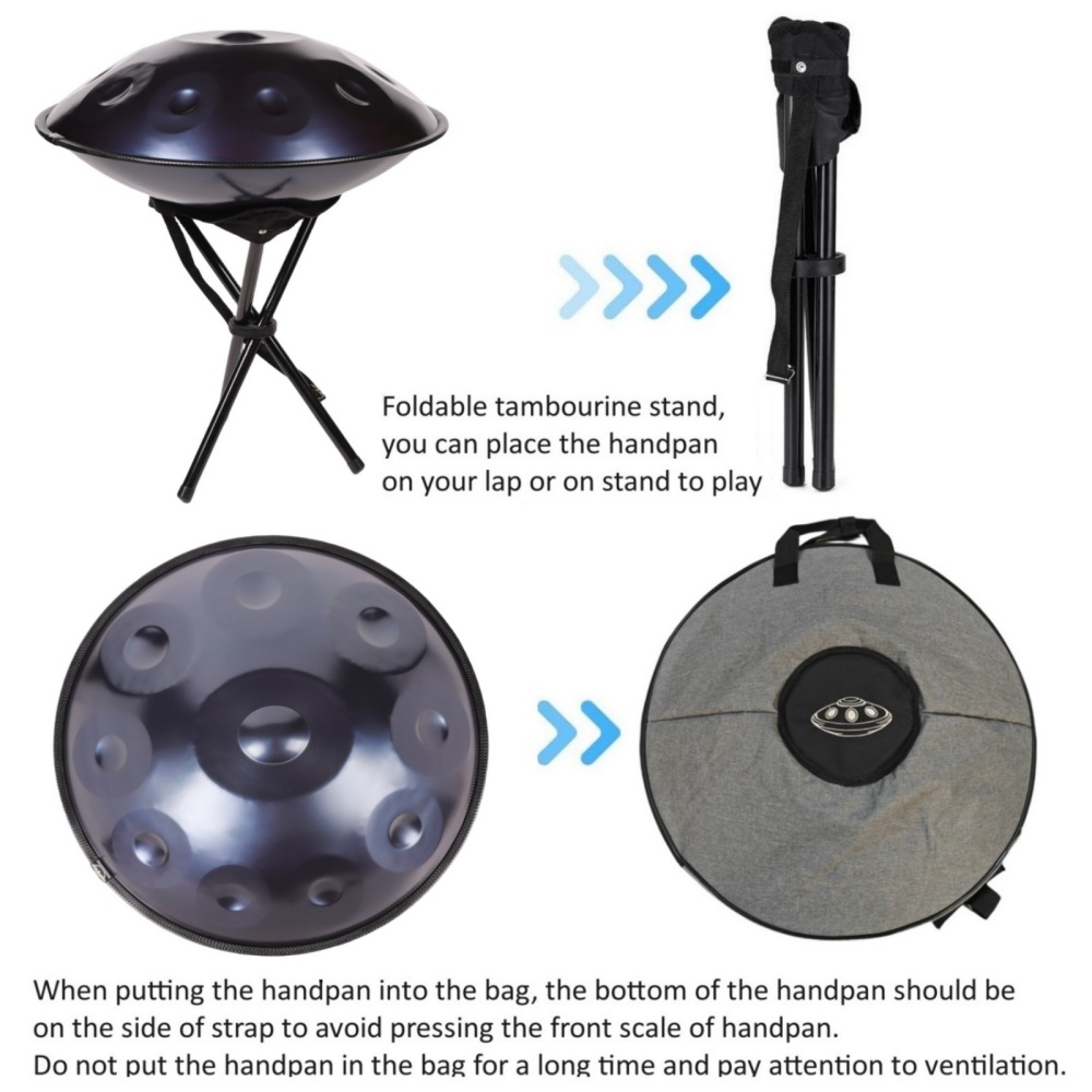 Latourreg 440Hz Tambourine drum in 22inch D Minor 10Notes Steel Tongue Blue Hand Pan Drum Instrument with Soft Hand Pan Bag, hand pan Mallet,Hand pan Stand,Dust-free