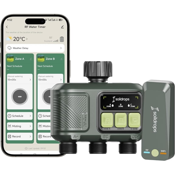 Soildrops Smart Sprinkler Timer — 3 Zones, App Control, 1,000 ft Wi-Fi Hub