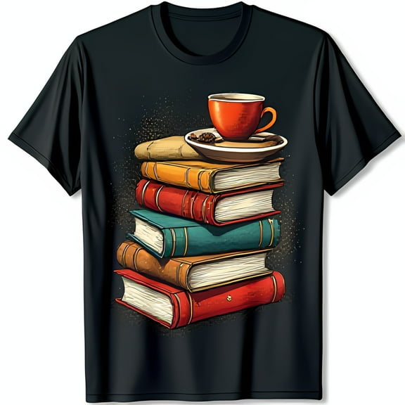 Vintage Black T-Shirt with Colorful Book Stack and Coffee Cup Design